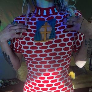 Opening Ceremony Dresses - Knit mini dress brick house w/ window & curtains Opening Ceremony Dresses - Knit mini dress brick house w/ window & curtains